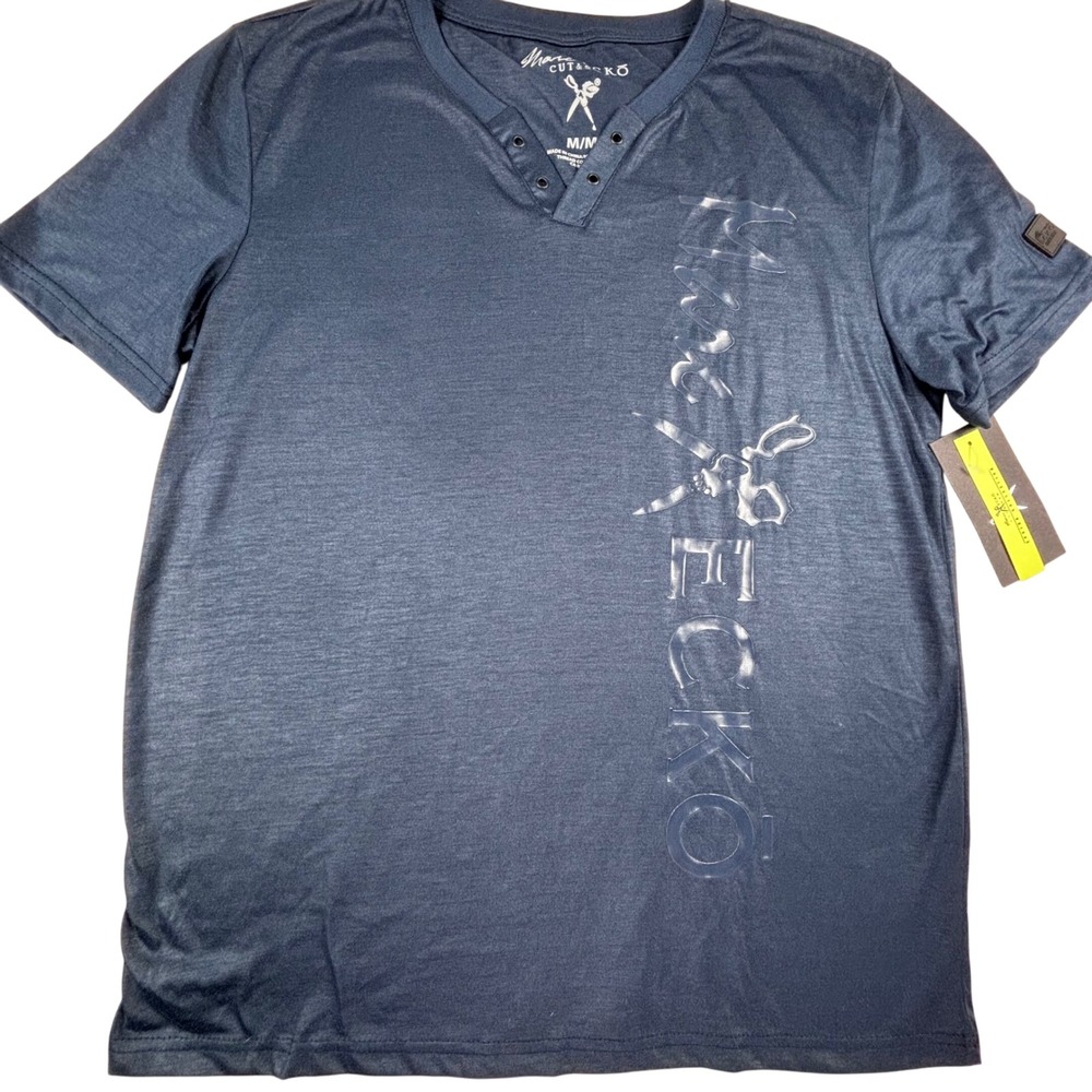 NWT Marc Ecko Cut & Sew Blue V Neck Henley Short Sleeve Tee Graphic Mens Sz M